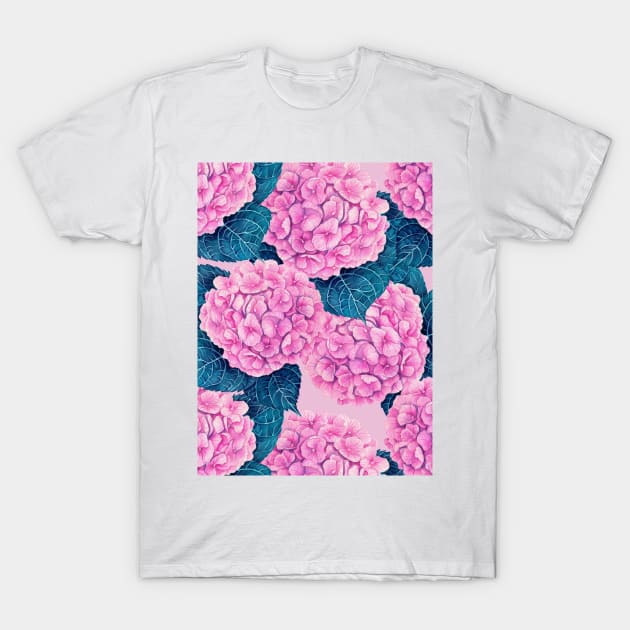 Hydrangea watercolor pattern, pink and blue T-Shirt by katerinamk